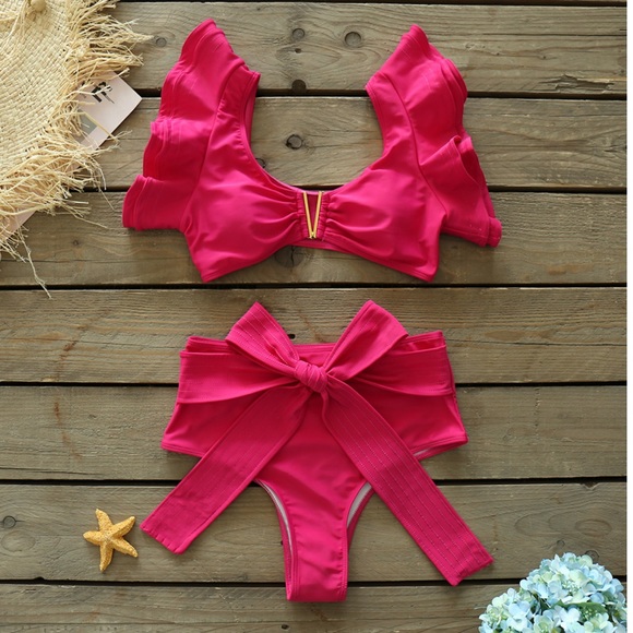 Elegant Pink Ruffle Two Piece Bikini Set - Picture 3 of 16